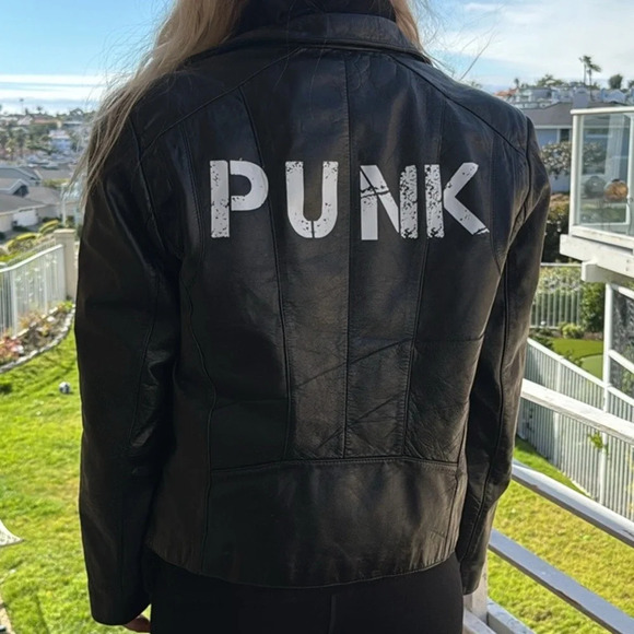 Custom upcycled Vintage black genuine leather motorcycle jacket w/ PUNK on back - Picture 3 of 10